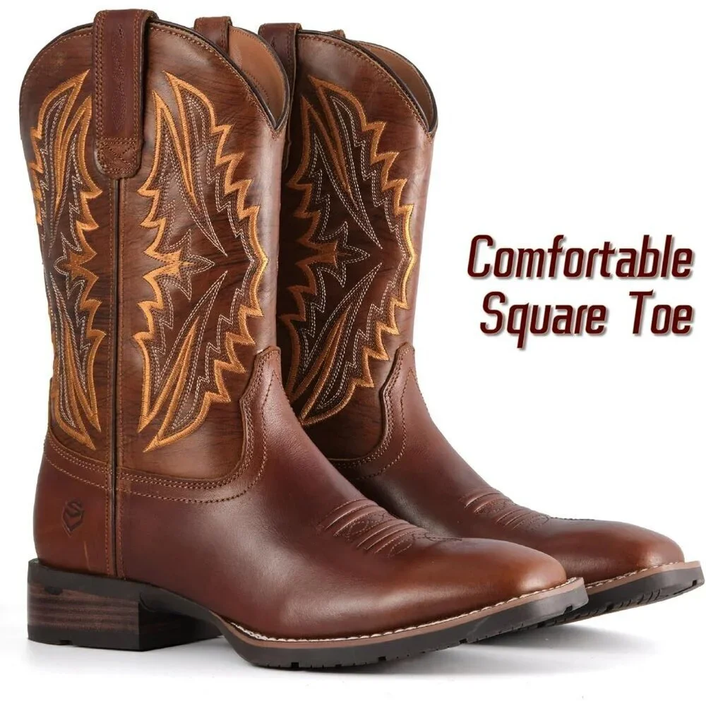 Men’s Dry Creek Tan Square Toe Pull On Leather Durable Classic Wellington Boots
